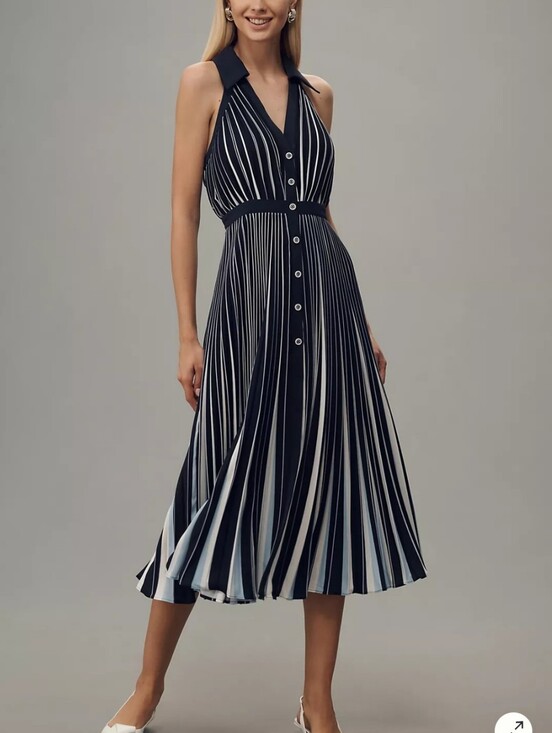 Anthropologie Dresses & Skirts - Anthropologie Halter Pleated Navy and White Striped Midi Dress Sailor Nautical